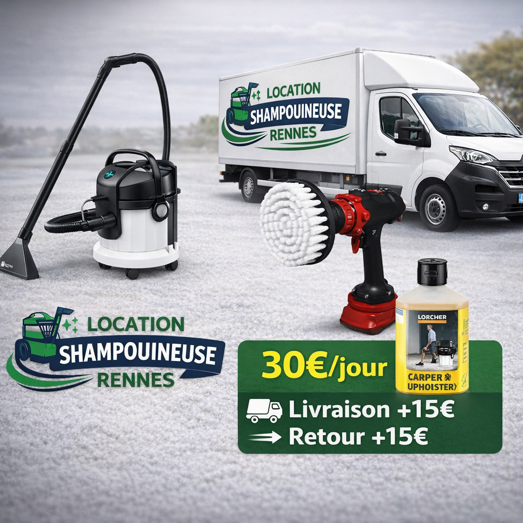 Location de shampouineuse à Rennes avec livraison, brosse rotative et produits de nettoyage inclus