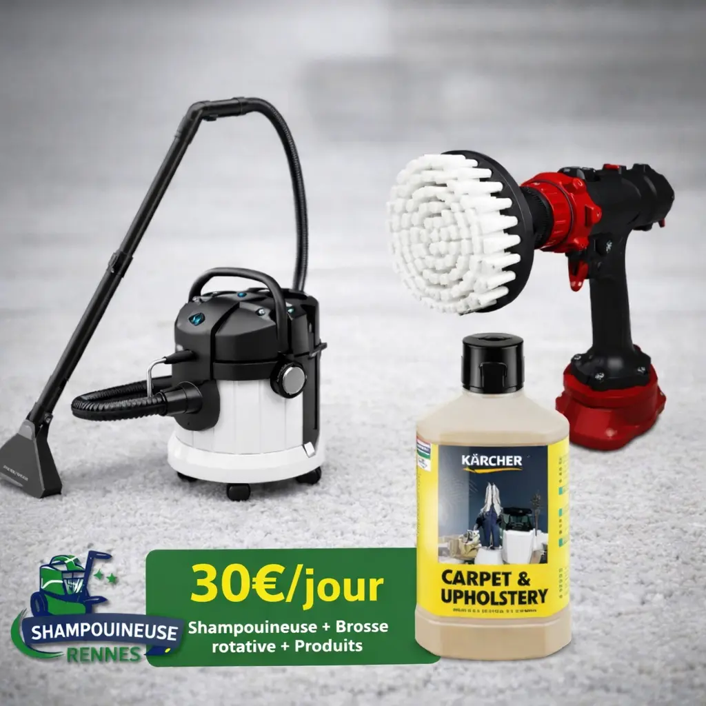 Location de shampouineuse à Rennes avec brosse rotative et produits de nettoyage inclus